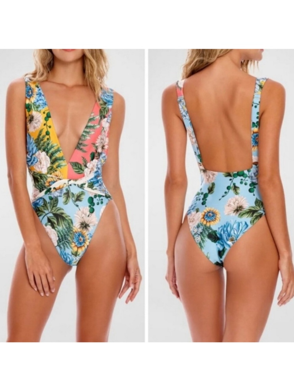 AGUA BENDITA, Floral Plunge One-Piece Swimsuit in Blue and Coral